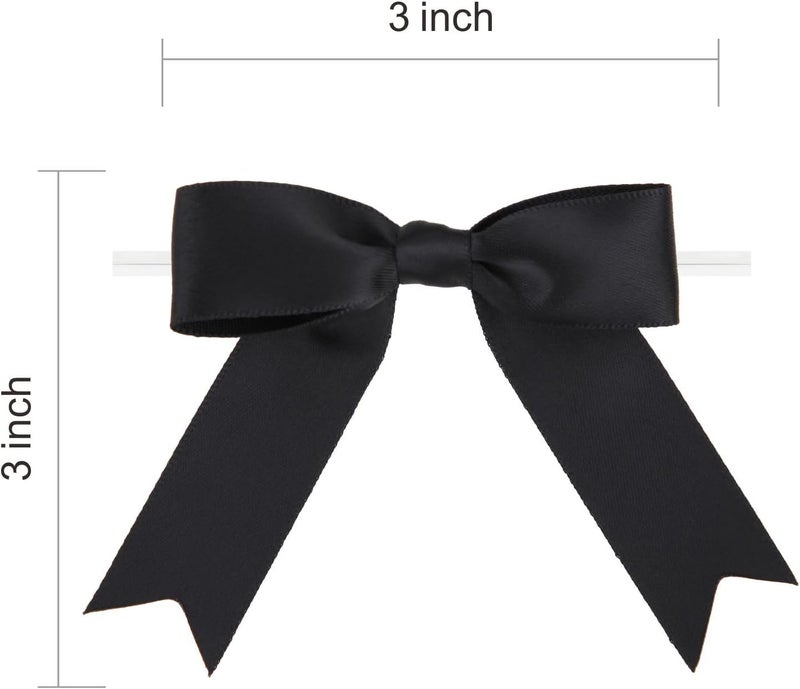 Meseey 50 Pcs 3 Inches Twist Tie Satin Ribbon Bows Black Pretied Premade Craft Bows for Treat Bags Gift Wrapping Basket Wedding Baby Shower Brithday Christmas Party (3", Black) - Image 2